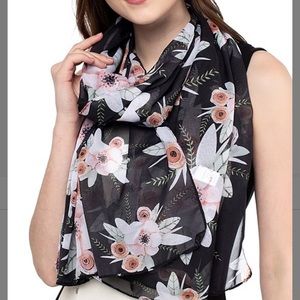 Black & Pink Floral Chiffon Scarf